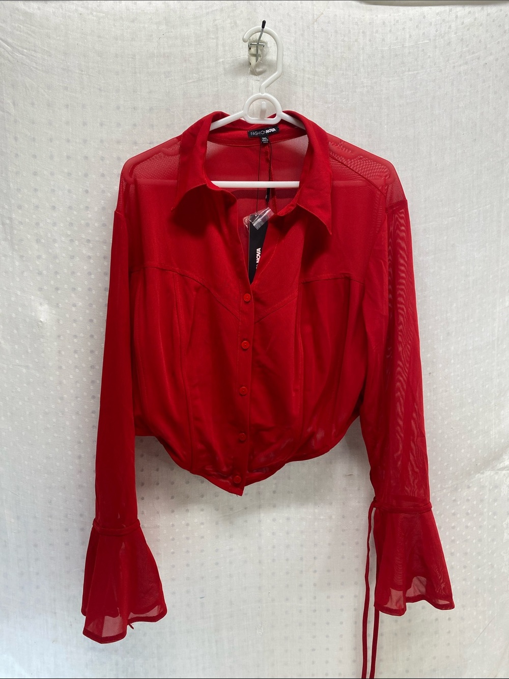 Fashion Nova Lover Girl Corset Shirt 3X Red Romantic Sheer Long Sleeve NWT